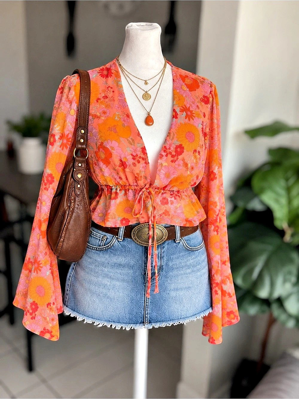 Wild Fable Floral Peplum Bell Sleeve Tie-Front Blouse Size M